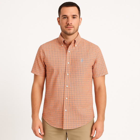 Polo Ralph Lauren Mens Medium Blue Orange Checkered Classic Fit Short Sleeve - Picture 1 of 6